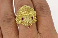 14K Yellow Gold 1960's Ornate Ruby Lion Statement Men's Ring