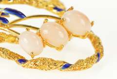18K Yellow Gold Pink Coral Blue Enamel Ornate Floral Loop Pin/Brooch