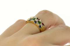 18K Yellow Gold Tiered Ruby Diamond Sapphire Emerald Band Ring