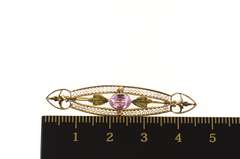 10K Yellow Gold Art Deco Pink Topaz Filigree Ornate Bar Pin/Brooch