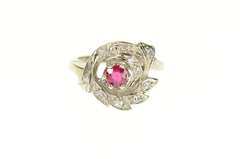 14K White Gold 1950's Ornate Syn. Ruby Diamond Leaf Swirl Ring