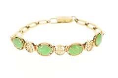 14K Yellow Gold Oval Jade Happiness Chinese Character Bracelet
