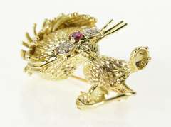 14K Yellow Gold Ruby Diamond Whisker Kitty Cat Retro Pin/Brooch
