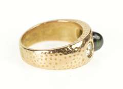14K Yellow Gold Oval Sapphire CZ Accent Hammered Pattern Ring