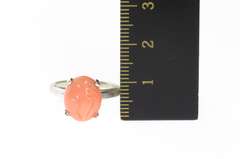 10K White Gold Retro Carved Flower Coral Cabochon Statement Ring