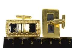 18K Yellow Gold Men's Rutilated Quartz Black Onyx Ornate Cuff Links