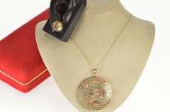 10K Yellow Gold Jade Chinese Dragon Set Pendant Earrings Ring