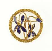 18K Yellow Gold Art Nouveau Blue Enamel Flower Diamond Pin/Brooch