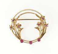 14K Yellow Gold 1960's Retro Ruby Floral Bouquet Circle Pin/Brooch