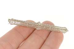 14K White Gold Art Deco Ornate Leaf Filigree Bar Pin/Brooch