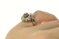14K White Gold 1950's Ornate Syn. Ruby Diamond Leaf Swirl Ring
