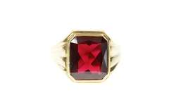 10K Yellow Gold Emerald Cut Syn. Ruby Men's Retro Statement Ring
