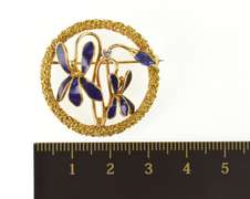 18K Yellow Gold Art Nouveau Blue Enamel Flower Diamond Pin/Brooch