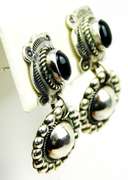 Vintage Navajo Sterling Onyx & Beadwork Dangle Earrings