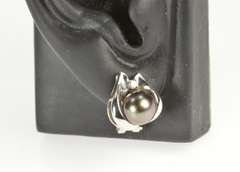 14K White Gold Grey Pearl Diamond Accent French Clip Back Earrings