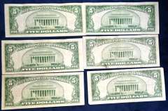 Lot Of 6 Five Dollar 1934 A Silver Certificates
