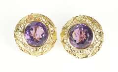 14K Yellow Gold Arts & Crafts Amethyst Flower Filigree Screw Earrings