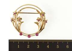 14K Yellow Gold 1960's Retro Ruby Floral Bouquet Circle Pin/Brooch