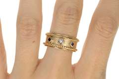 14K Yellow Gold Diamond Sapphire Rope Trim Ornate Band Ring