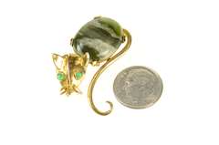 14K Yellow Gold Retro Jasper Emerald Stylized Cat Kitten Pin/Brooch