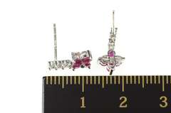 10K White Gold Ruby Flower Cluster Drop Diamond Earrings
