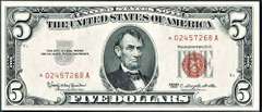 Gem Crisp++1963 $5 Dollar Star Replacement Red Seal Note!!