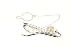 14K White Gold Retro Mikimoto Pearl Oval Geometric Diamond Tie Bar