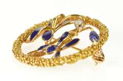 18K Yellow Gold Art Nouveau Blue Enamel Flower Diamond Pin/Brooch