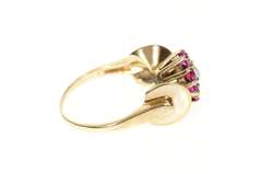 10K Yellow Gold 1960's Opal Syn. Ruby Halo Bow Statement Ring