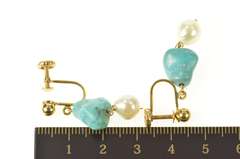 14K Yellow Gold Turquoise Pearl Drop Dangle Screw Back Earrings