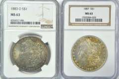 2 Colorful NGC MS63 1883-O & 1887 Morgan Silver Dollars