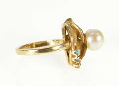 14K Yellow Gold 1960's Pearl Turquoise Leaf Cocktail Ring