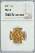 Super Choice BU 1901 $5 Liberty Gold Piece. NGC MS62