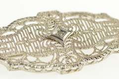10K White Gold Diamond Inset Ornate Art Deco Filigree Pin/Brooch