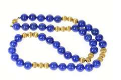 14K Yellow Gold Lapis Lazuli Beaded Strand Statement Necklace
