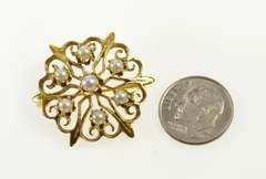 14K Yellow Gold 1950's Scroll Filigree Pearl Statement Pin/Brooch