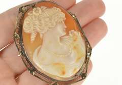 14K Yellow Gold Art Deco Ornate Carved Lady Cameo Filigree Pendant/Pin