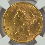 Super Choice BU 1901 $5 Liberty Gold Piece. NGC MS62