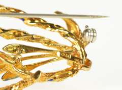 18K Yellow Gold Pink Coral Blue Enamel Ornate Floral Loop Pin/Brooch