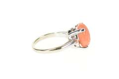 10K White Gold Retro Carved Flower Coral Cabochon Statement Ring