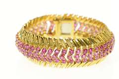 18K Yellow Gold 10.72 Ctw Natural Ruby Ornate Fishbone Link Bracelet