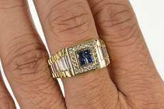 10K Yellow Gold 1.18 Ctw Princess Sapphire Diamond Men's Ring
