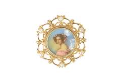 14K Yellow Gold Ornate Victorian Painted Lady Pearl Scroll Pendant/Pin