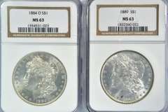 Choice BU 1884-O & 1889 Morgan Silver Dollars. NGC MS63
