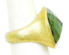 Designer Huge Green Amethyst Quartz Brass Ring, 7