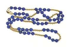 14K Yellow Gold Retro Lapis Lazuli Round Beaded Statement Necklace