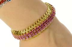 18K Yellow Gold 10.72 Ctw Natural Ruby Ornate Fishbone Link Bracelet