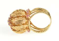 14K Yellow Gold Ruby Encrusted Ornate Leaf Cocktail Huge Ring