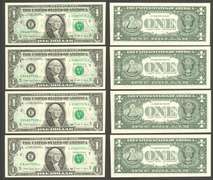 $1 1988-A FRN Offset Error Back on Face 4 Notes Choice Crisp Uncirculated