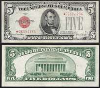 $5 1928-F Fr. 1531* USN LEGAL TENDER=EARLY RED SEAL STAR NOTE XF